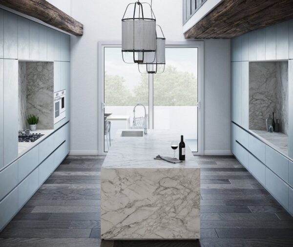 Isla y cocina moderna de porcelánico Dekton Portum