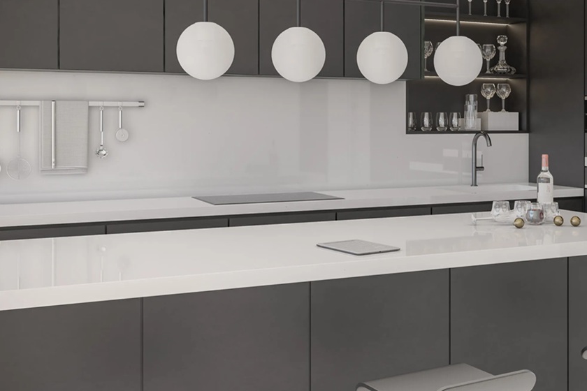 encimera Blanco Fiesta Topzstone en una cocina minimalista