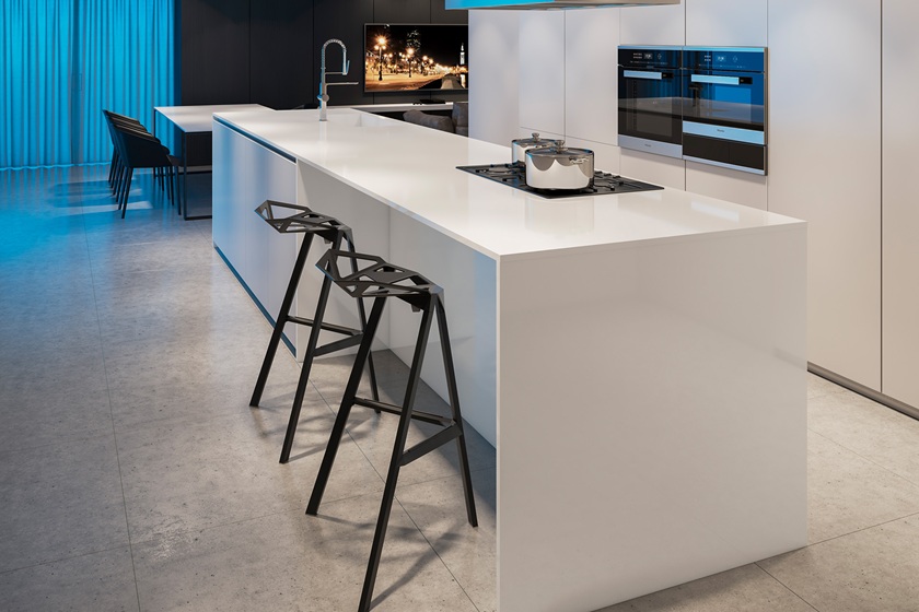 una cocina blanca con el cuarzo Blanco Assoluto de Topzstone